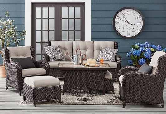 Outdoor Patio Furniture Seating Set Tile Coffee Table 2 Chairs Ottomans Sofa