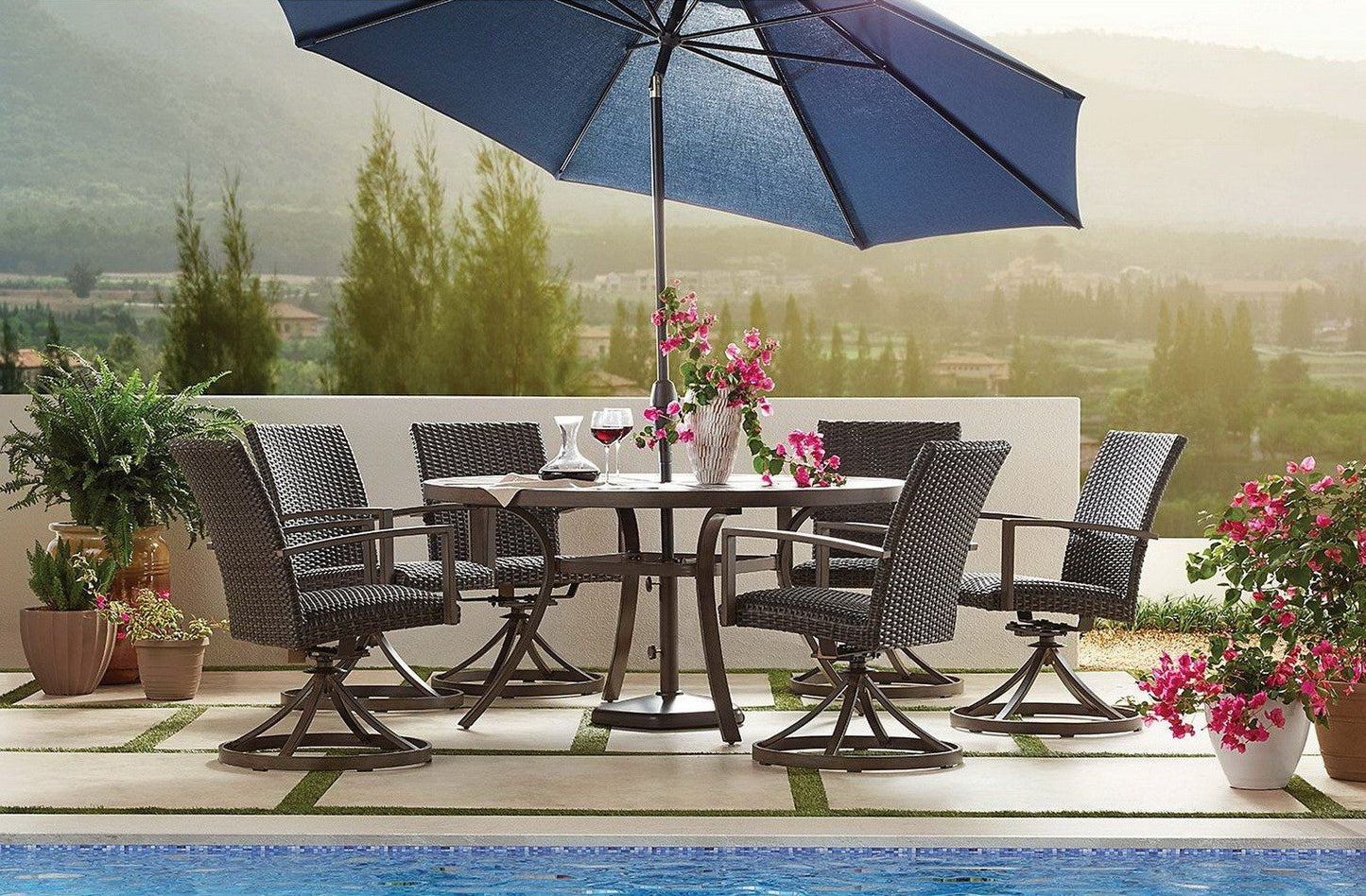 Outdoor Dining Furniture Set Table 6 Swivel Rocker Chairs All Weather Wicker