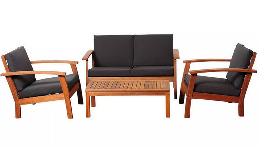 Outdoor Deep Seating Wood Furniture Set 4 Pc Sofa Chairs Coffee Table Cushions