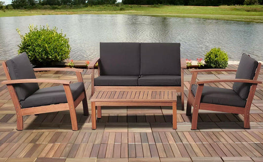 Outdoor Deep Seating Wood Furniture Set 4 Pc Sofa Chairs Coffee Table Cushions