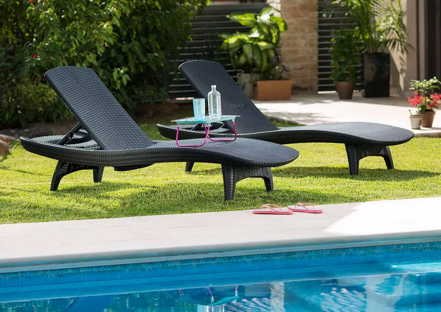 Two Chaise Lounge Chairs Outdoor Wicker Adjustable Back Pool Deck Seating Keter