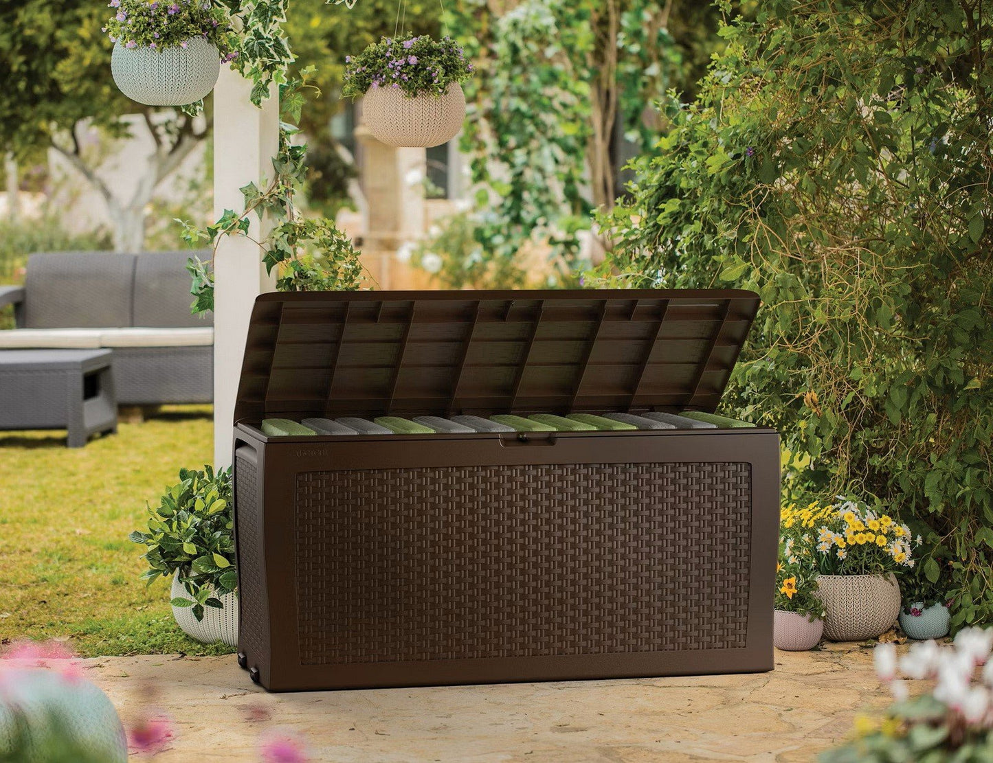 Keter 70 Gallon Outdoor Patio Storage Deck Box Gray Rattan Brown Plastic