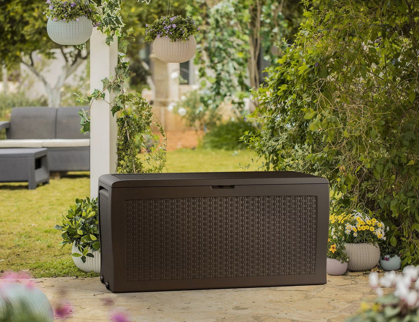 Keter 70 Gallon Outdoor Patio Storage Deck Box Gray Rattan Brown Plastic