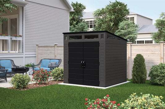 Suncast Large Outdoor Tool Garden Storage Shed 7' x 7' Resin Locking Steel Frame