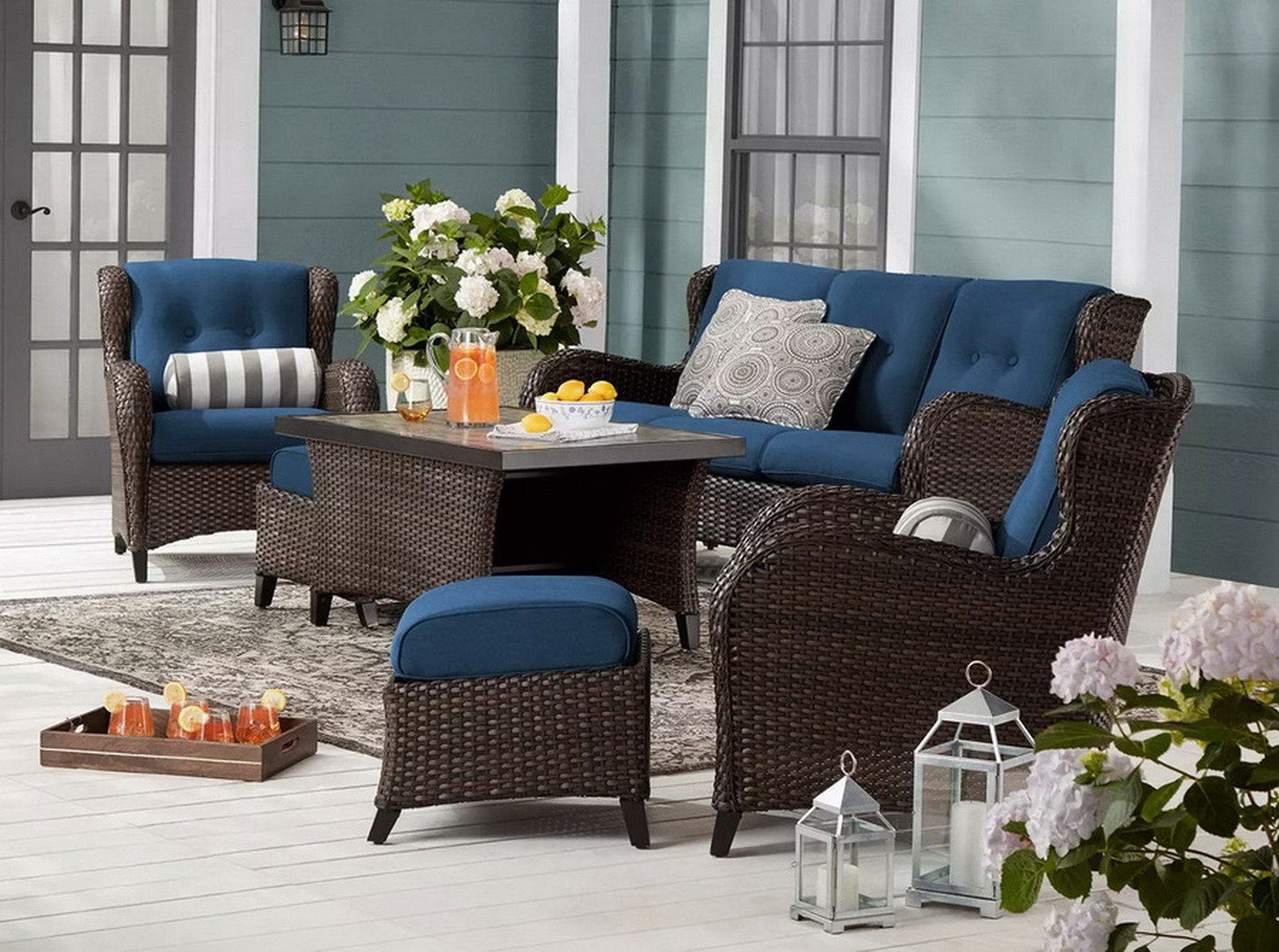 All Weather Wicker Outdoor Furniture Seating Set Blue Cushions 2 Chairs Ottomans