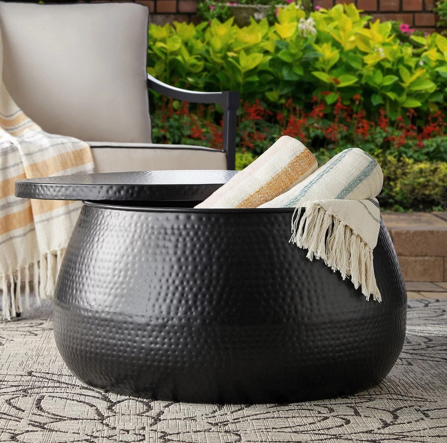 Metal Hammered Round Coffee Table with Black Coated Finish
