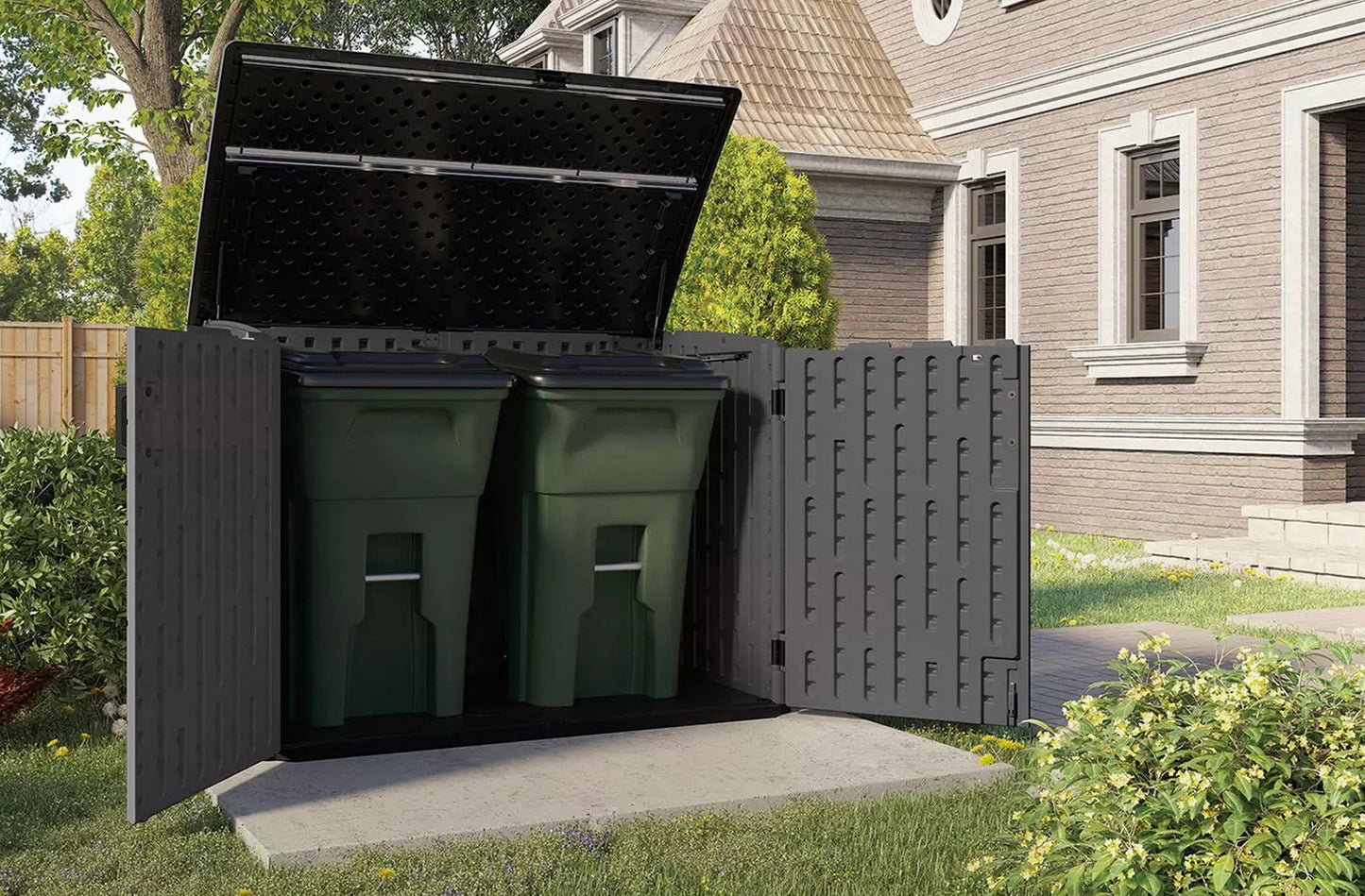 Big Outdoor Horizontal 2 Door Garden Storage Shed Box Fits 2 Trash Cans