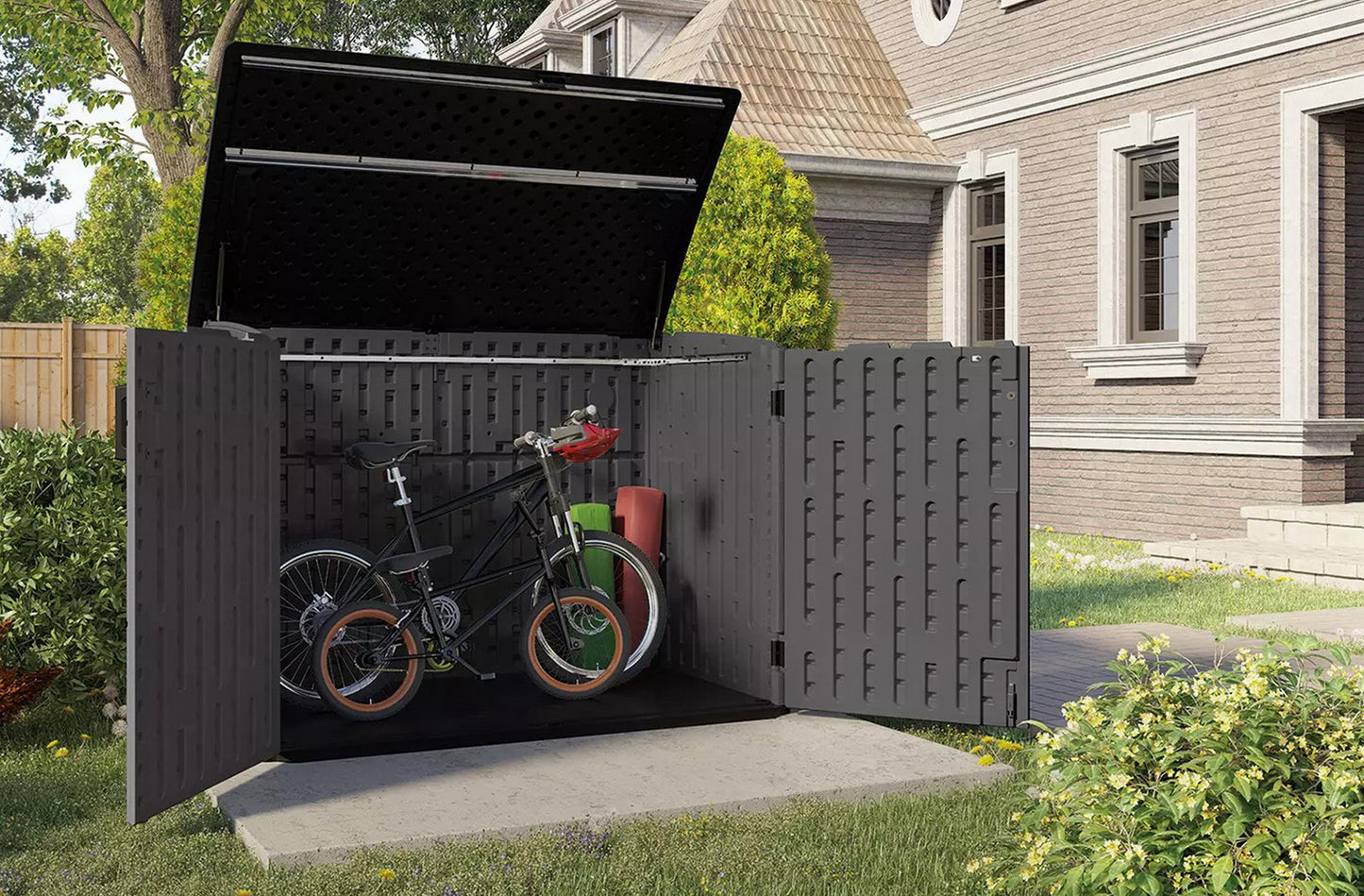 Big Outdoor Horizontal 2 Door Garden Storage Shed Box Fits 2 Trash Cans