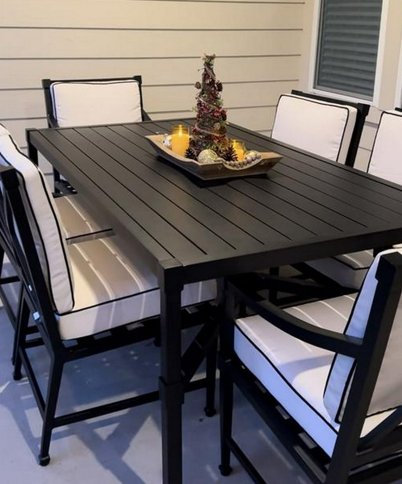 7 Piece Outdoor Dining Furniture Set 6 Cushion Chairs 6' Slat Top Aluminum Table