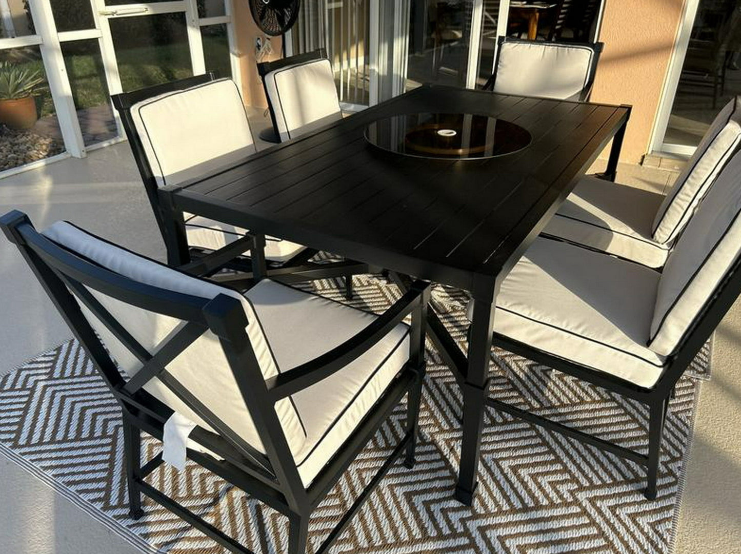 7 Piece Outdoor Dining Furniture Set 6 Cushion Chairs 6' Slat Top Aluminum Table