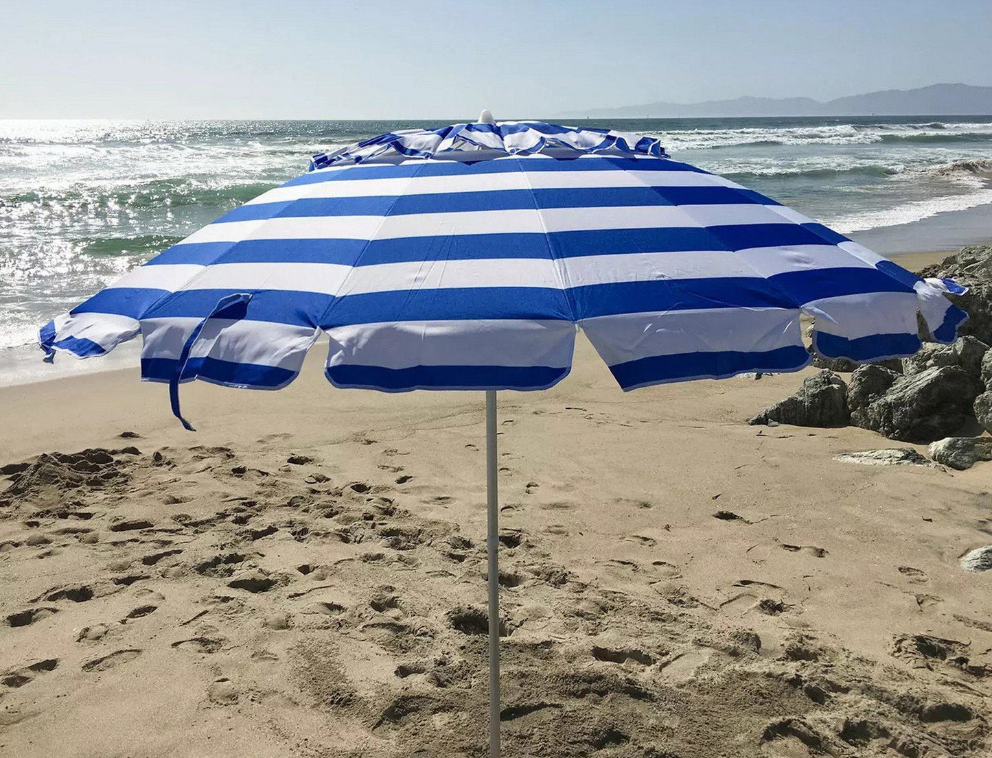 8' Beach Patio Market Tilt Umbrella w/ Auger Tip Carry Bag Blue or Black Stripes