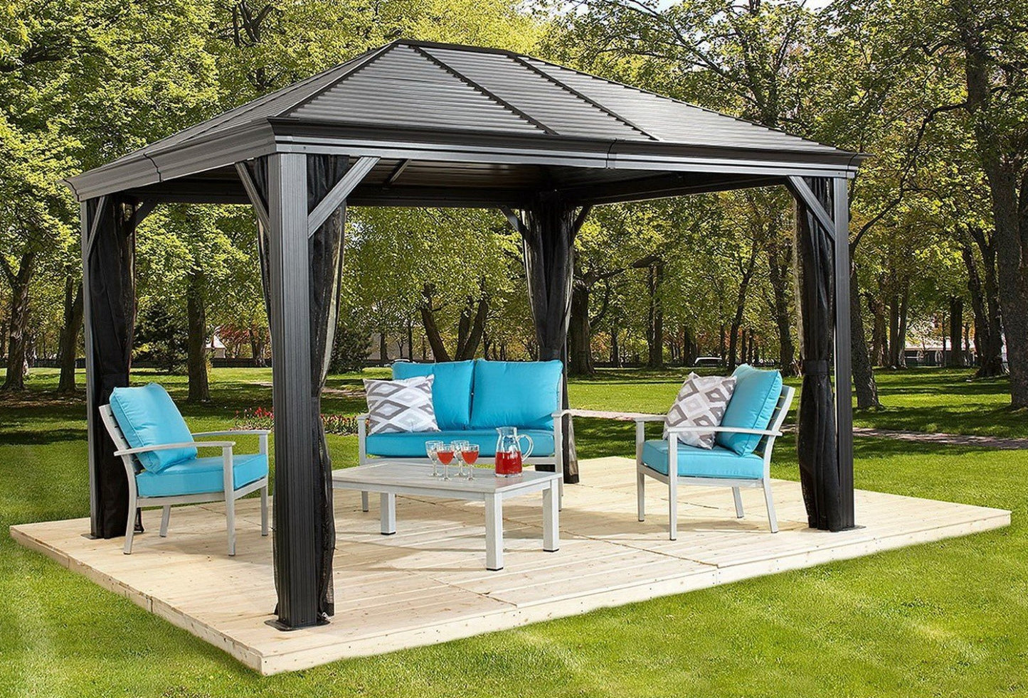 Sojaq 12' x12' Metal Sun Shelter Steel Roof Gazebo Shade Canopy with Netting