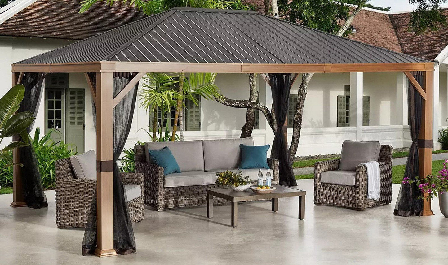 Huge 12' x 16' Gazebo Pergola Metal Top Wood Grain Finish Fabric Side Walls