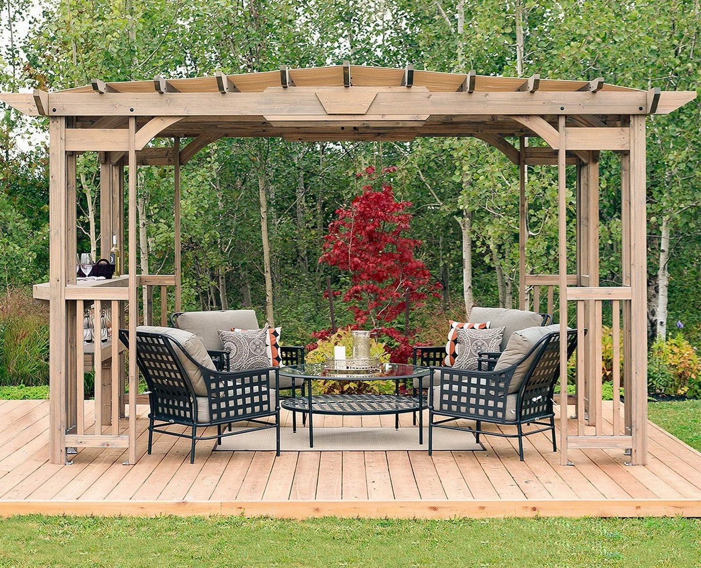 Large 14' x 10' Cedar Wood Outdoor Pergola Bar with Removable Sun Shade Canopy