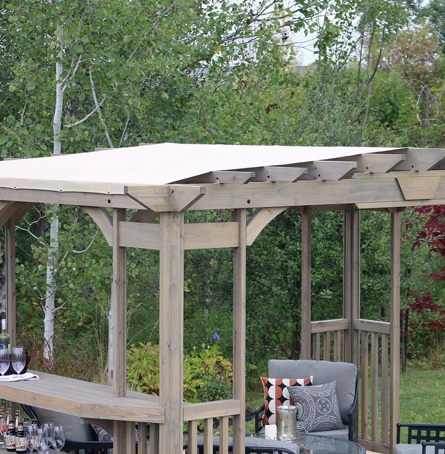 Large 14' x 10' Cedar Wood Outdoor Pergola Bar with Removable Sun Shade Canopy