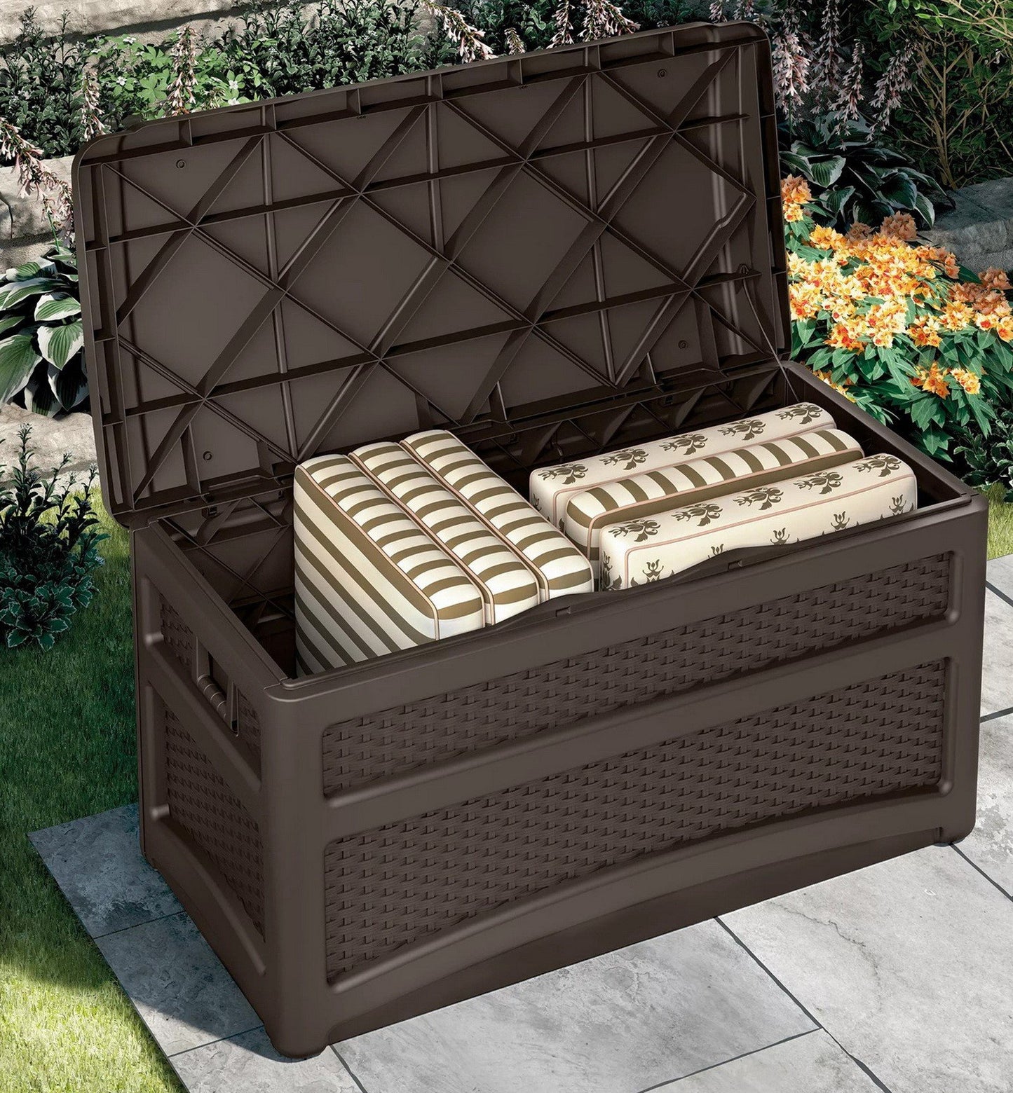 Suncast 73-Gal. Outdoor Durable Resin Wicker Deck Box with Wheels