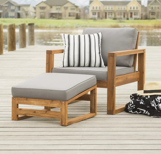 Outdoor Weather Resistant Arbor Acacia Wood Chair Ottoman With Cushions