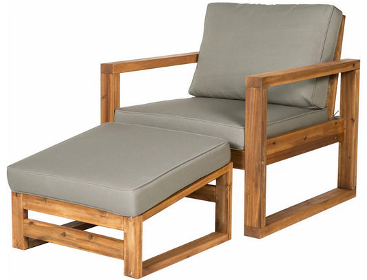 Outdoor Weather Resistant Arbor Acacia Wood Chair Ottoman With Cushions