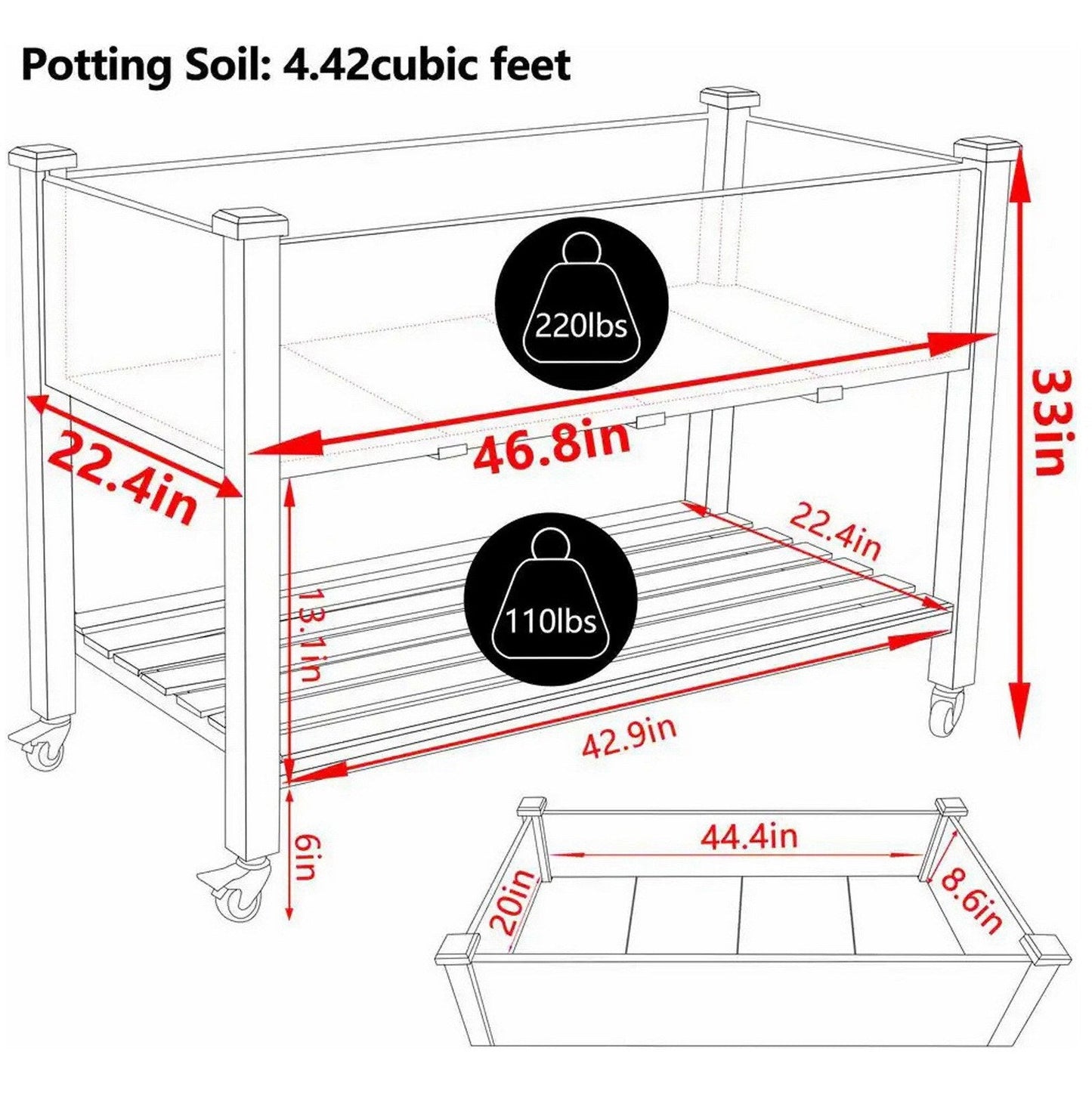 Wooden Raised Garden Bed with Lockable Wheels and Liner