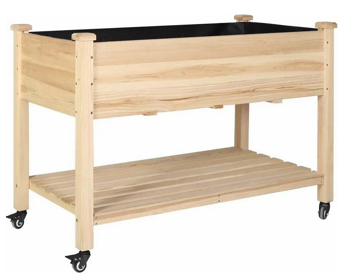 Wooden Raised Garden Bed with Lockable Wheels and Liner