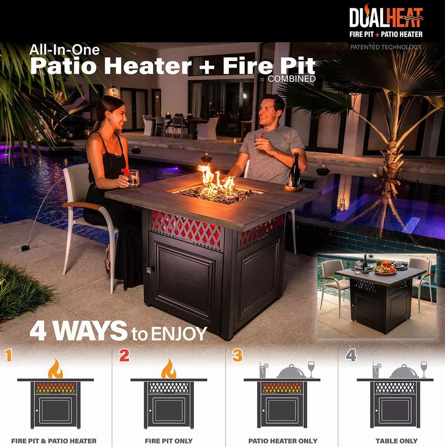 Outdoor Rustic Faux Wood Mantel Steel LP Gas Fire Pit and Dining Table