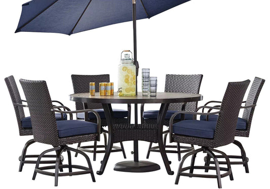 Agio 7 pc Outdoor Dining Set 60" Round Tile Table & 6 Swivel Chairs w/ Cushions