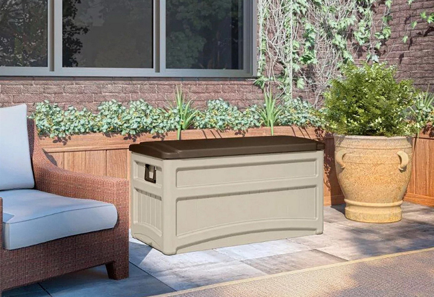 Suncast 78 Gallon Deck Patio Storage Box Portable with Wheels Lid Seat