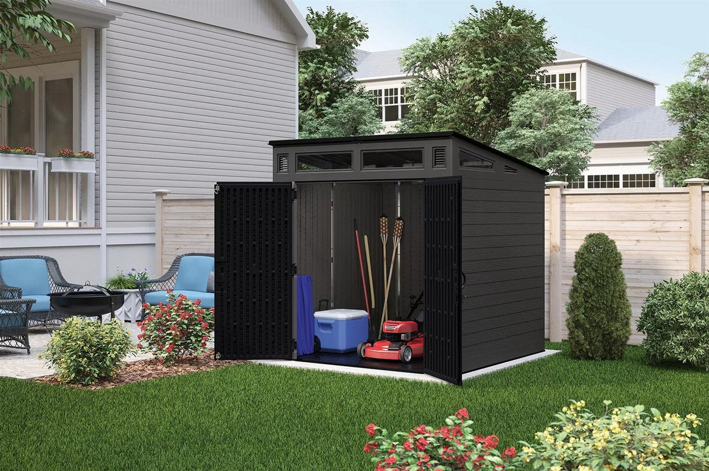 Suncast Large Outdoor Tool Garden Storage Shed 7' x 7' Resin Locking Steel Frame