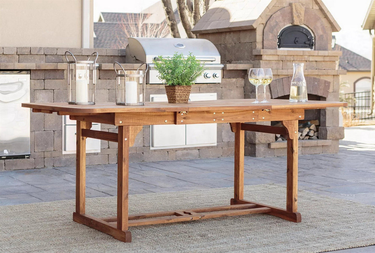 Outdoor Extendable Acacia Wood Dining Table Hardwood 35" x 55" to 79" With Leaf