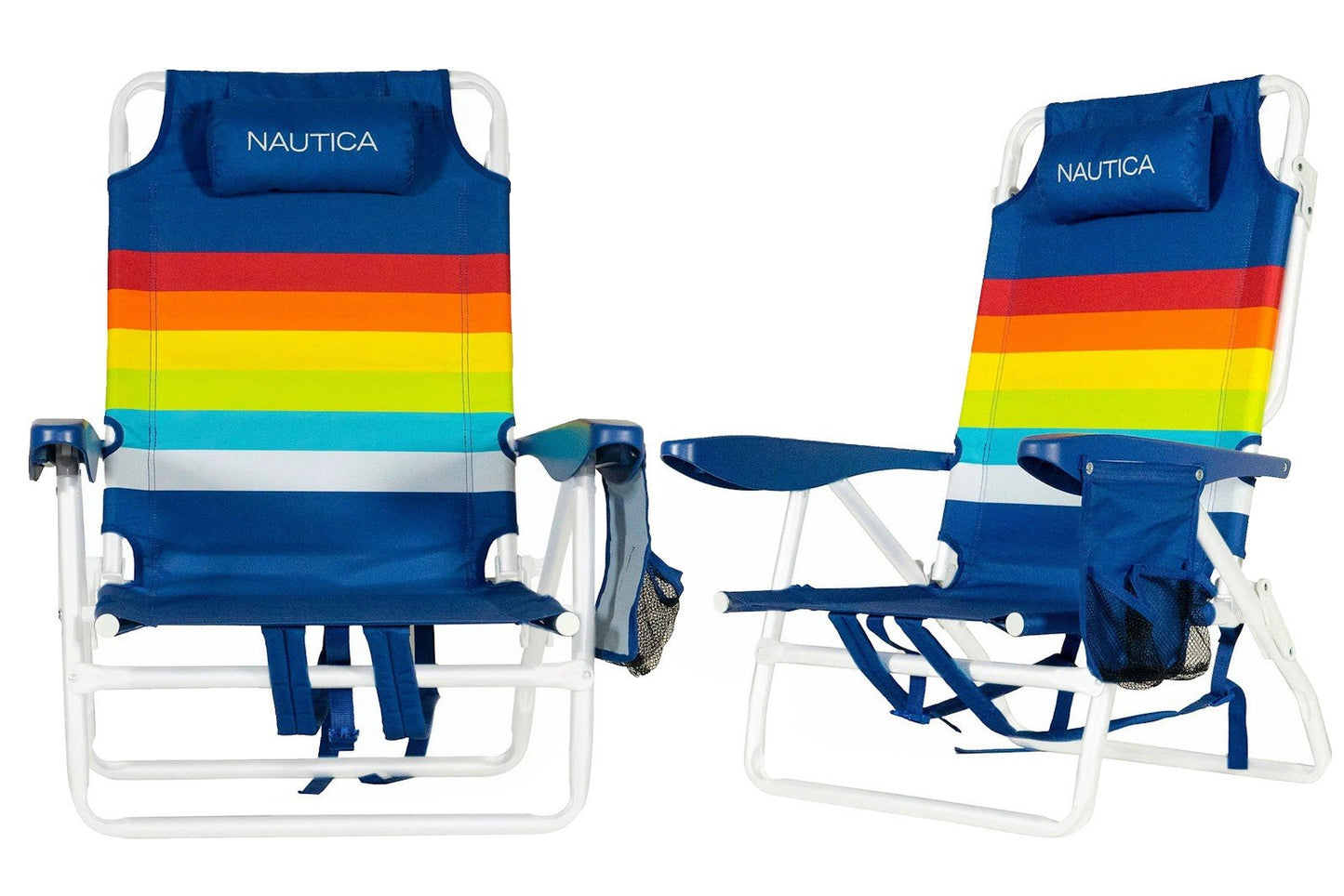 Two Nautica Portable Beach Chairs w/ Cup Holder Padded Backpack Straps 4 Colors