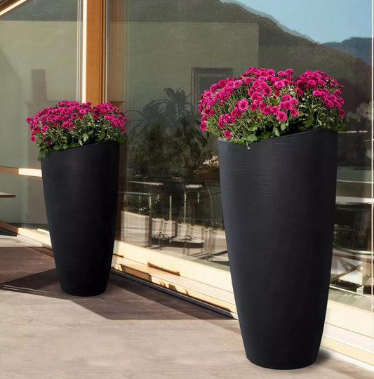 Set of Two 32" Tall Planters Flower Pot Box Indoor Outdoor Black Plastic Resin