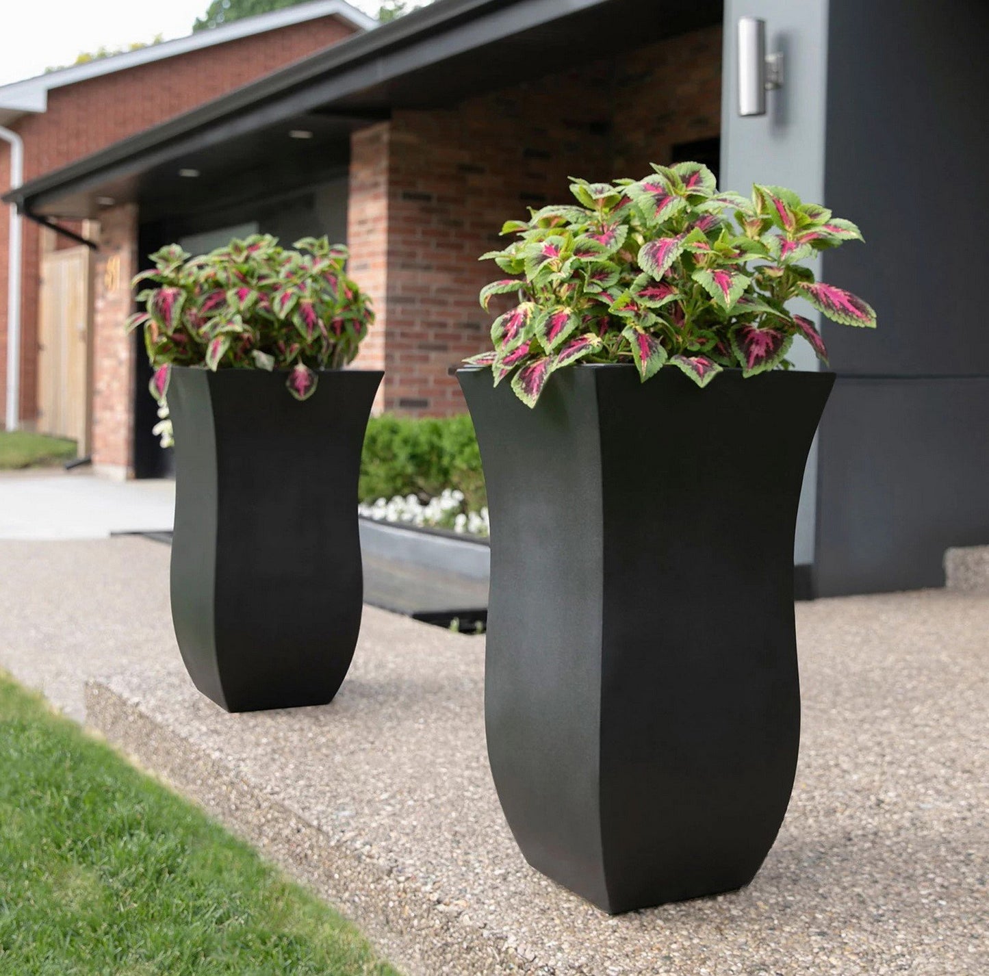 Two Tall Tulip Shaped Outdoor Planter Flower Box Black Plastic