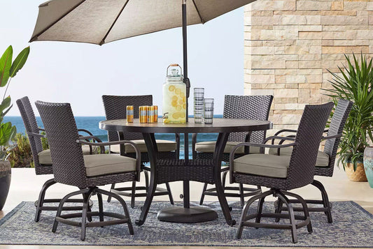 7 Piece Outdoor Dining Furniture Set Round Table 6 Chairs with Gray Cushions