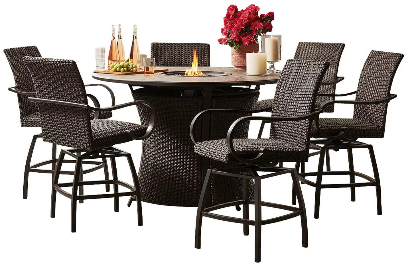 Agio Outdoor Furniture and Fire Pit 7 Piece Set Counter Height 6 Swivel Chairs