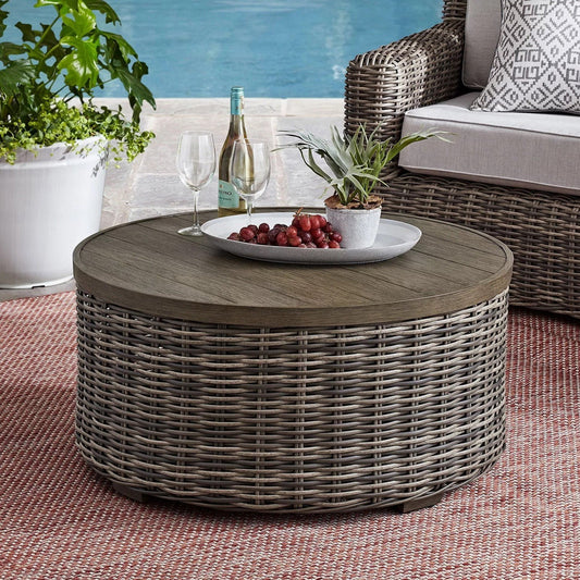 Outdoor Patio Wicker Wood Storage Ottoman