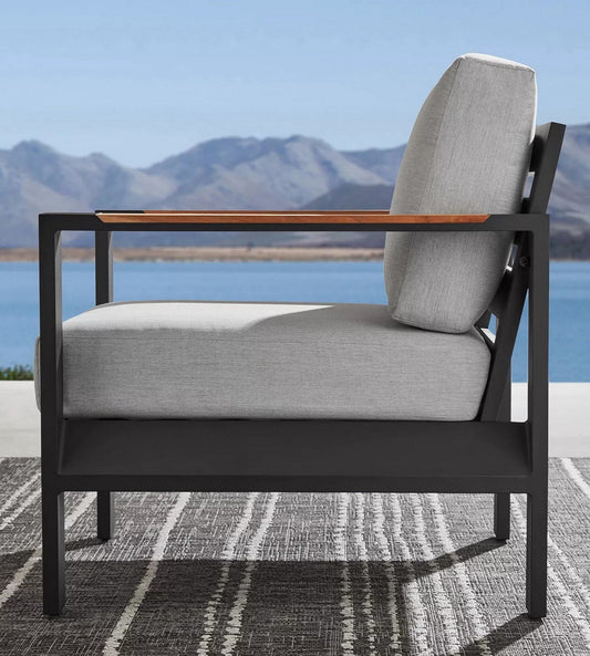 Vista 4 Piece Outdoor Patio Seating Set Sofa 2 Chairs w/ Cushions Teak Wood Coffee Table