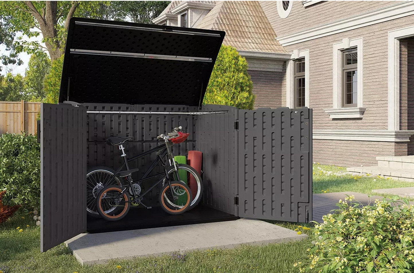 Big Outdoor Horizontal 2 Door Garden Storage Shed Box Fits 2 Trash Cans