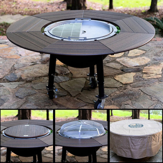 Large Charcoal Wood Grill Griddle Fire Pit 62" Round Table Lazy Susan