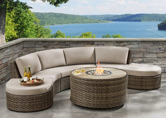 6 Piece Outdoor Furniture Sectional Seating Set Fire Pit Fire Pit Curved