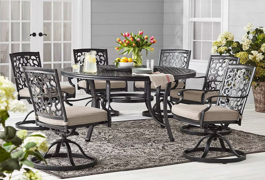 Outdoor Dining Furniture Set 8 Piece 60" Table 26" Lazy Susan & 6 Swivel Chairs