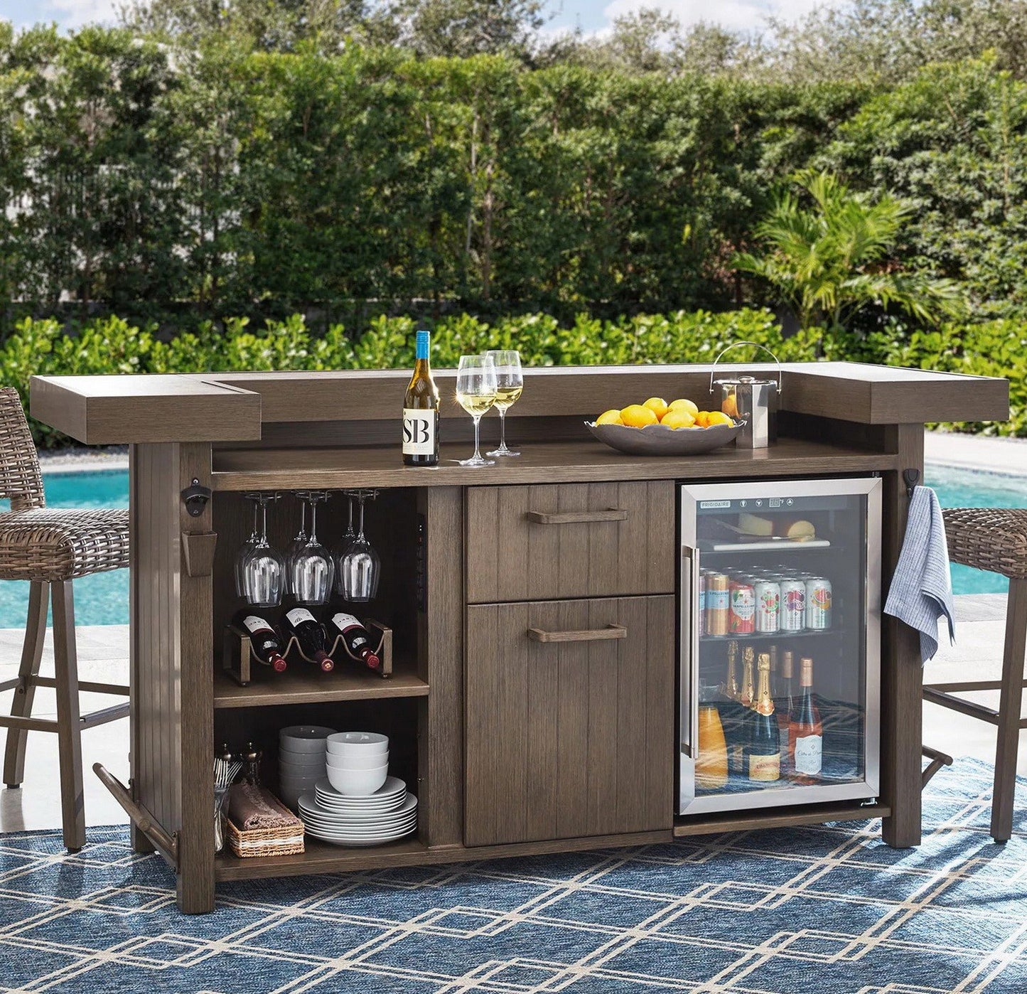 Halstead 5 Piece Outdoor Bar Set 4 Stools Bar Table Power Outlet Storage Drawers