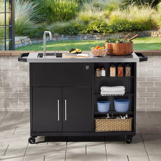 Grill Prep Cart Table with Garden Hose Connect Faucet Bar Sink Cabinet Storage