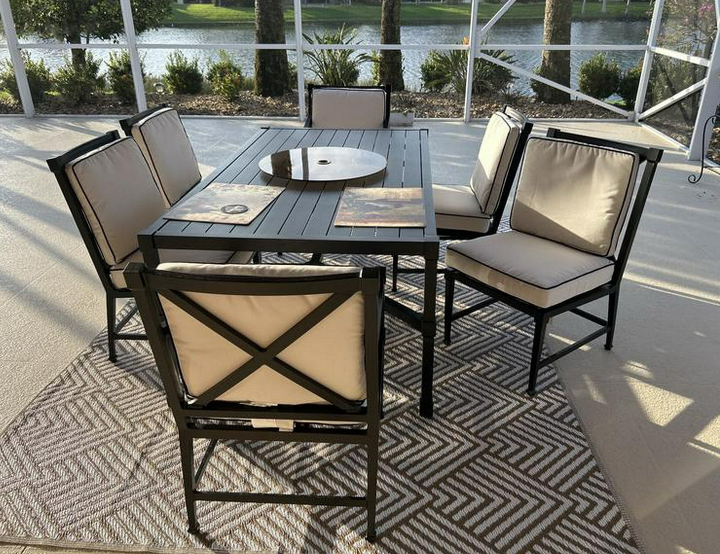 7 Piece Outdoor Dining Furniture Set 6 Cushion Chairs 6' Slat Top Aluminum Table