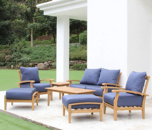 New 7 Piece Teak Wood Outdoor Patio Seating Set Garden Furniture Blue Cushions