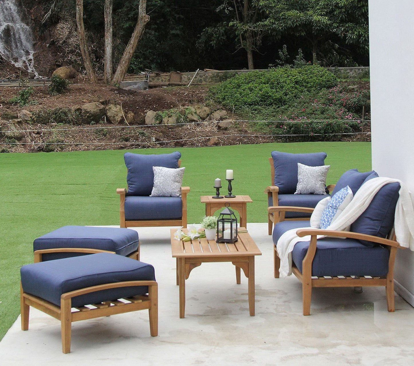 New 7 Piece Teak Wood Outdoor Patio Seating Set Garden Furniture Blue Cushions