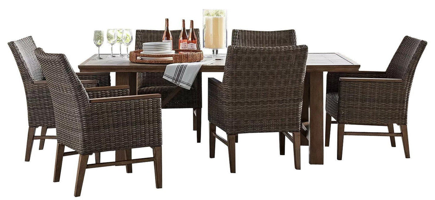 7 Piece Outdoor Furniture Dining Set Porcelain Tile Table 6 All Weather Wicker Chairs