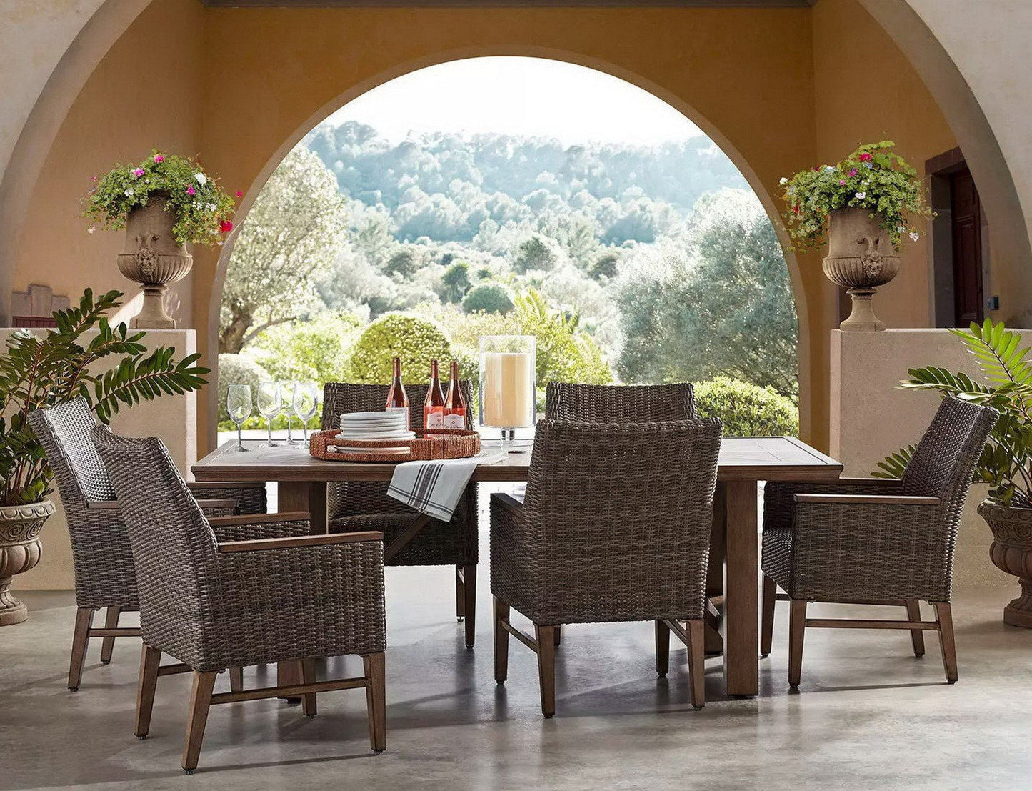 7 Piece Outdoor Furniture Dining Set Porcelain Tile Table 6 All Weather Wicker Chairs