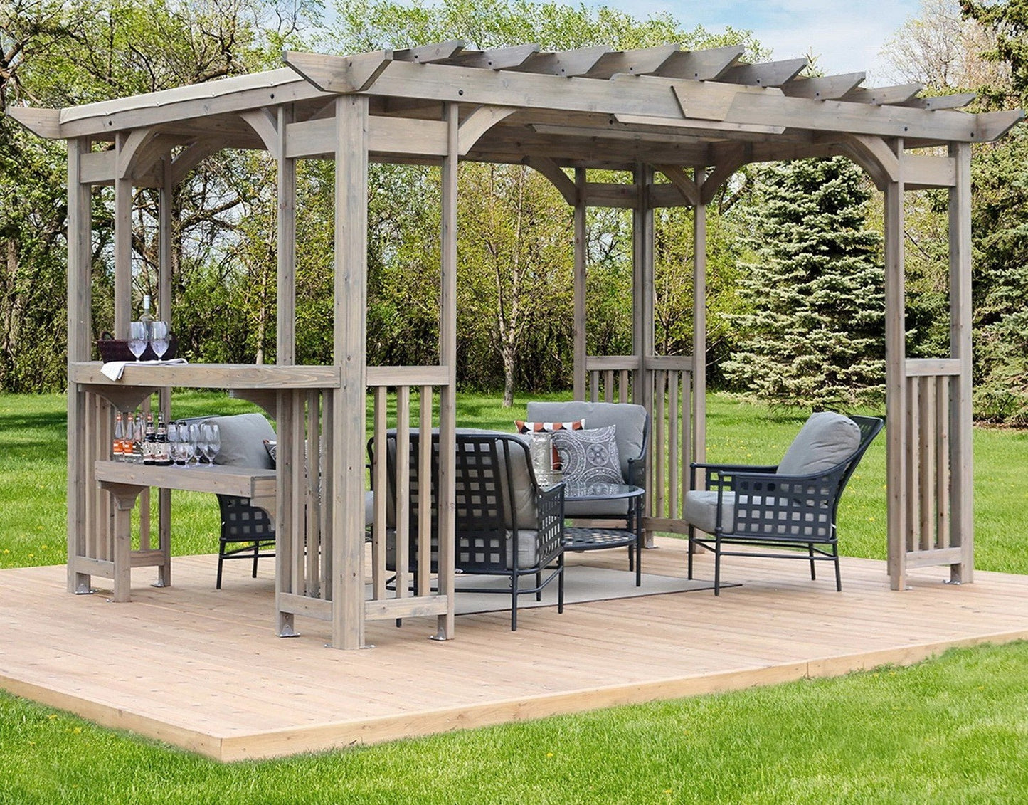 Large 14' x 10' Cedar Wood Outdoor Pergola Bar with Removable Sun Shade Canopy