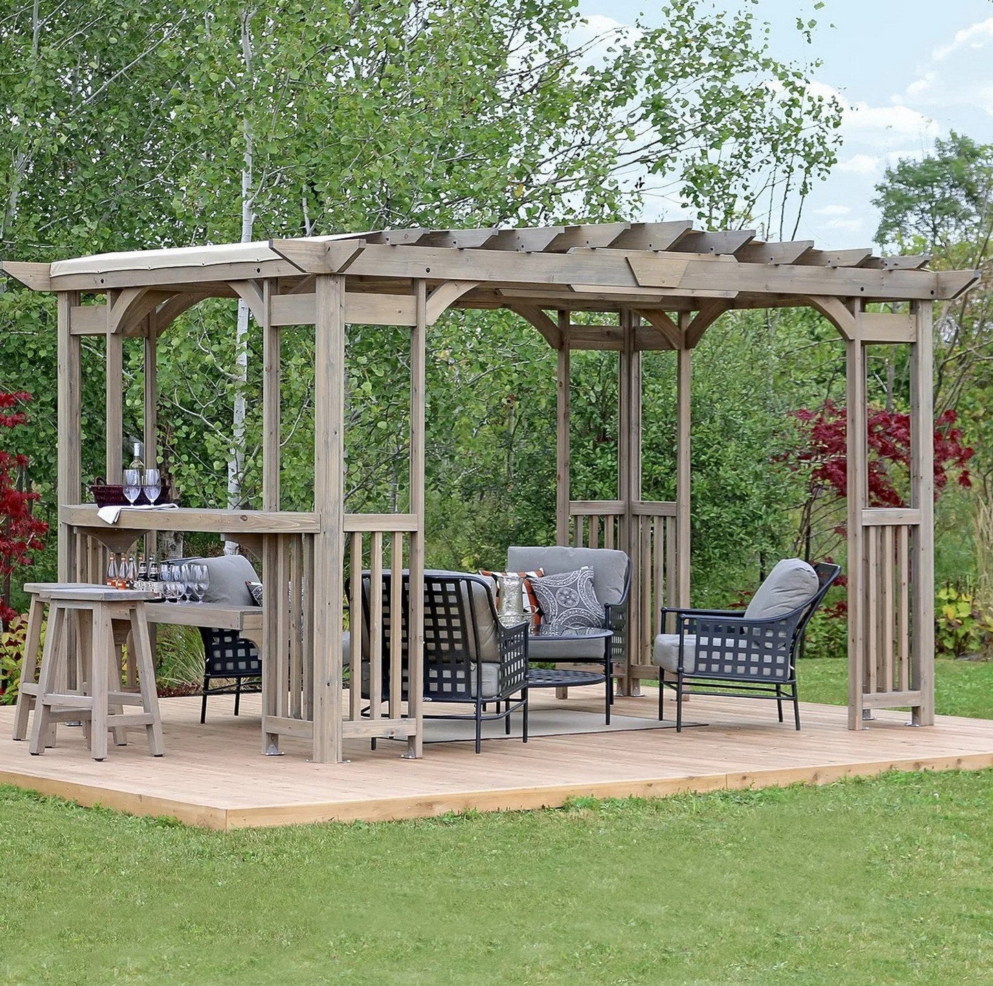 Large 14' x 10' Cedar Wood Outdoor Pergola Bar with Removable Sun Shade Canopy