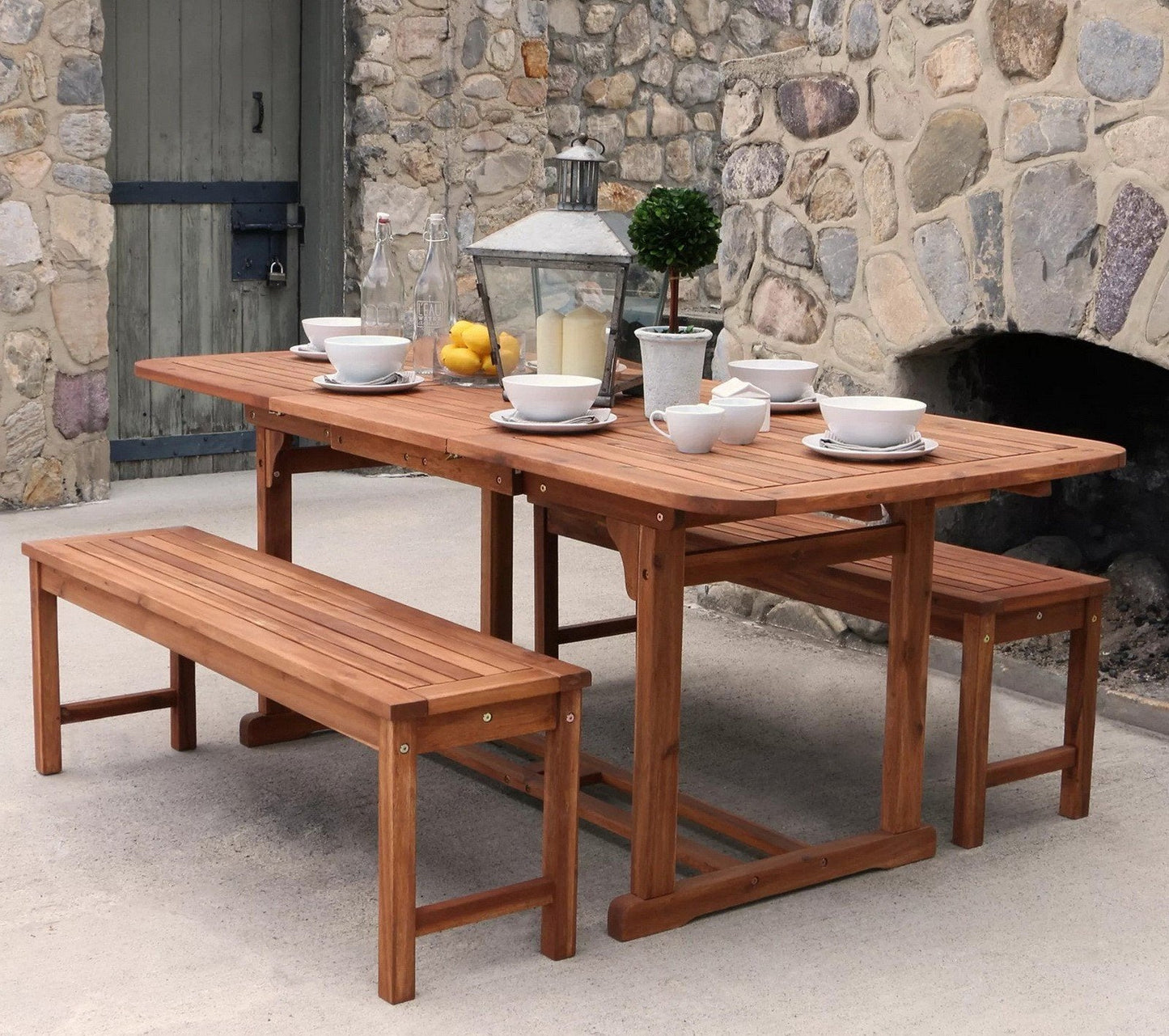 Acacia Hardwood Outdoor Expandable Wood Picnic Table Dining Set w/ 2 Benches